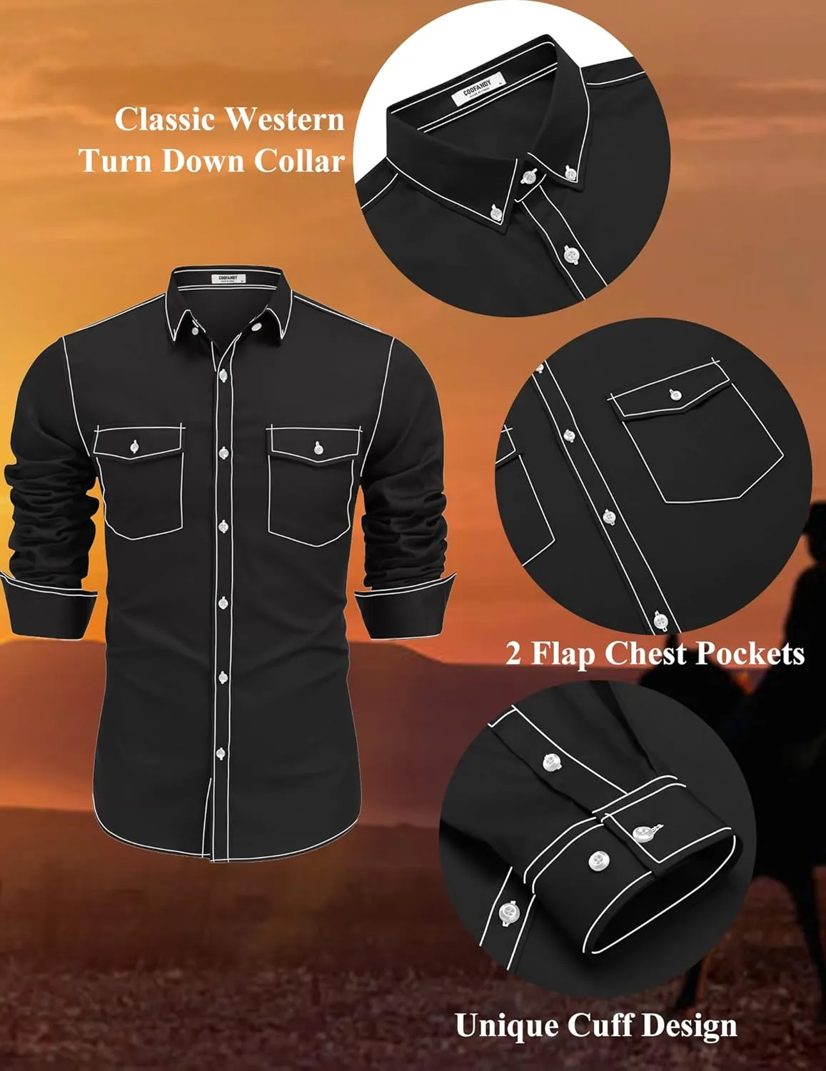 COOFANDY Mens Western Cowboy Shirts Cotton Long Sleeve Shirts with Two Pockets Embroidered