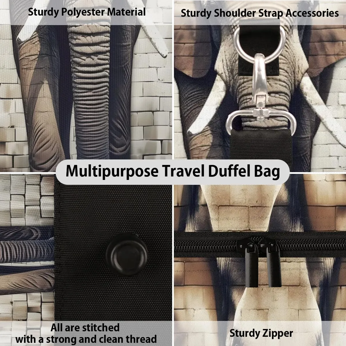 Cool Gray Elephant Travel Duffel Bag for Women Men Waterproof Foldable Overnight Weekender Bag Large Capacity Sports Gym Bag