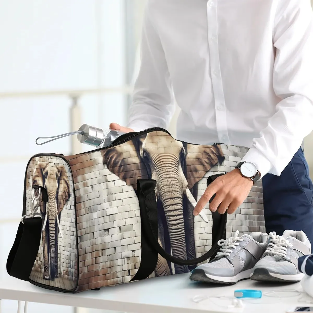 Cool Gray Elephant Travel Duffel Bag for Women Men Waterproof Foldable Overnight Weekender Bag Large Capacity Sports Gym Bag