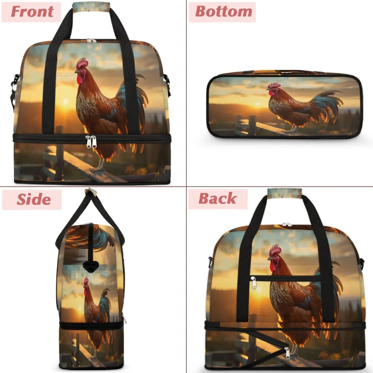Cool Rooster Print Foldable Travel Duffel Bag Overnight Weekender Bag with Shoes Compartment Sports Gym Bag for Men Women