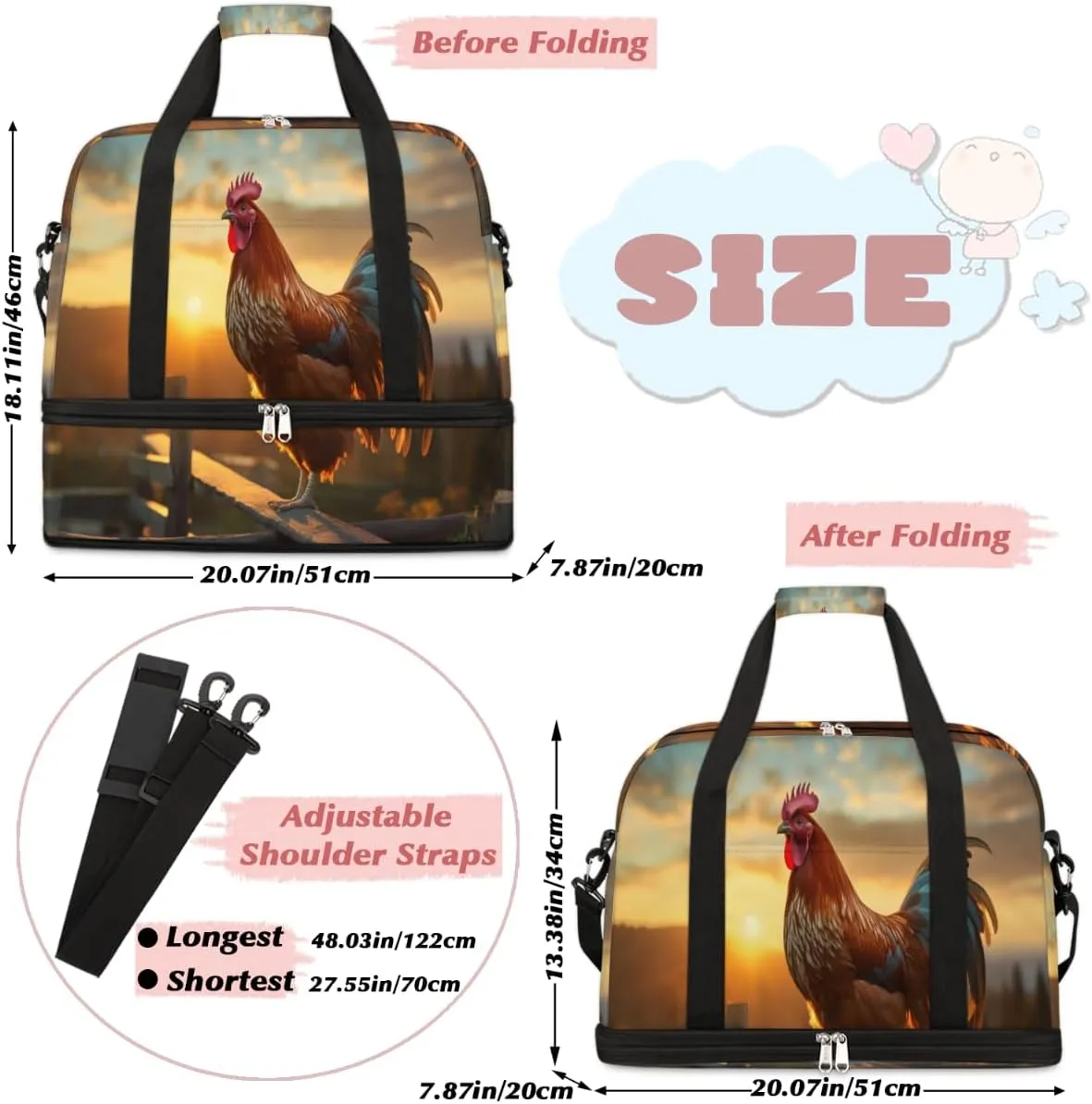 Cool Rooster Print Foldable Travel Duffel Bag Overnight Weekender Bag with Shoes Compartment Sports Gym Bag for Men Women