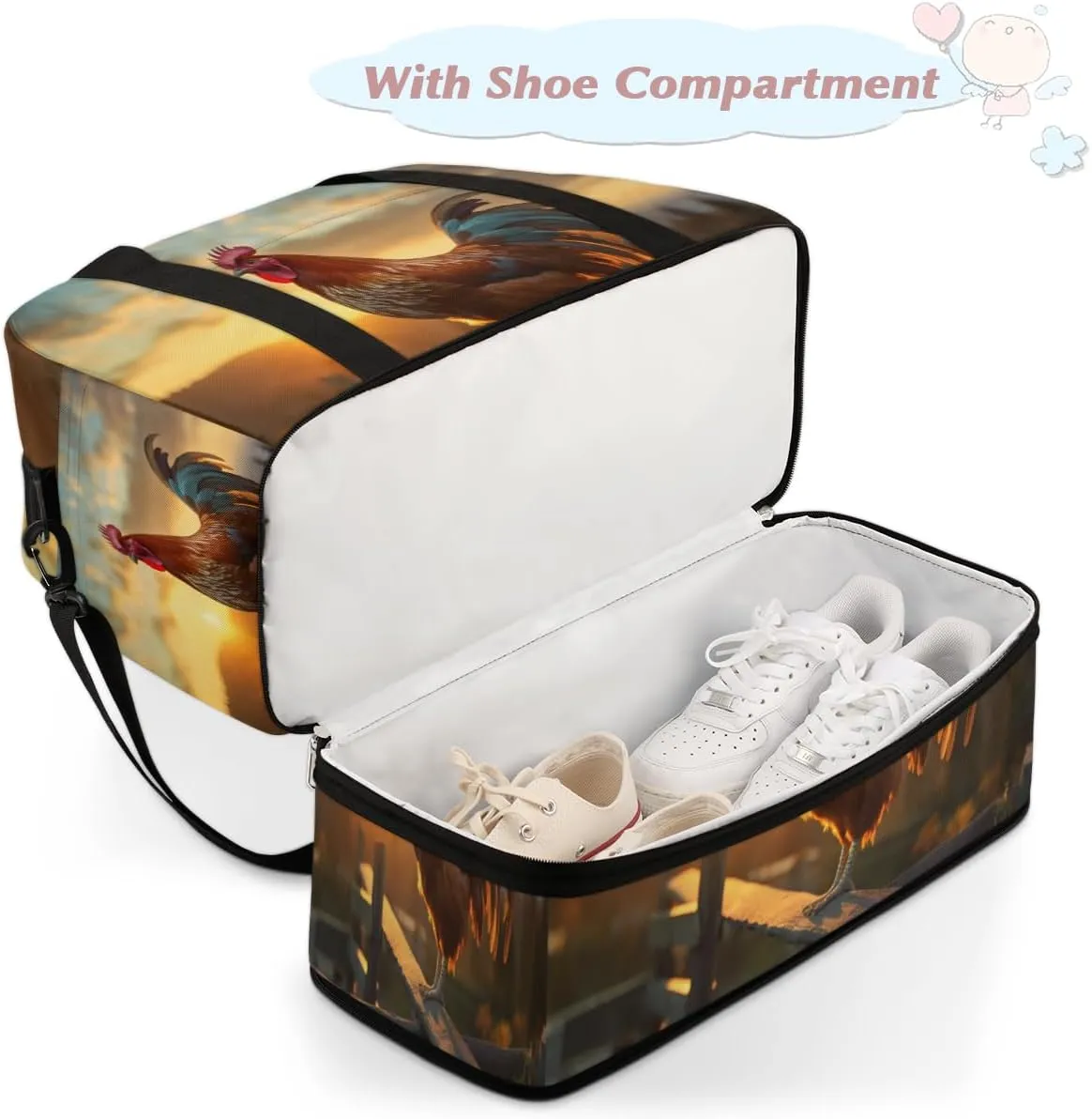 Cool Rooster Print Foldable Travel Duffel Bag Overnight Weekender Bag with Shoes Compartment Sports Gym Bag for Men Women