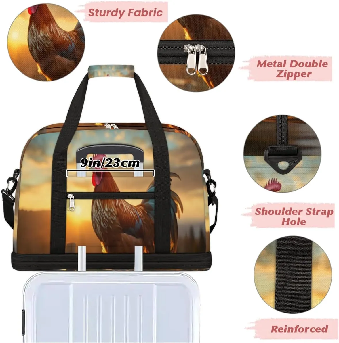 Cool Rooster Print Foldable Travel Duffel Bag Overnight Weekender Bag with Shoes Compartment Sports Gym Bag for Men Women