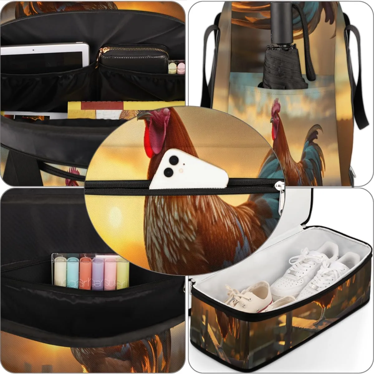 Cool Rooster Print Foldable Travel Duffel Bag Overnight Weekender Bag with Shoes Compartment Sports Gym Bag for Men Women