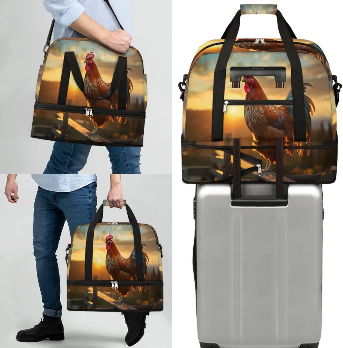 Cool Rooster Print Foldable Travel Duffel Bag Overnight Weekender Bag with Shoes Compartment Sports Gym Bag for Men Women