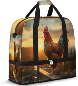 Cool Rooster Print Foldable Travel Duffel Bag Overnight Weekender Bag with Shoes Compartment Sports Gym Bag for Men Women