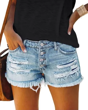 cordat Women's Mid Rise Ripped Stretchy Jeans Shorts Frayed Raw Hem Casual Denim Shorts
