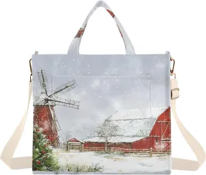 Corduroy Tote Bag Farm Barn Windmill Snow for Women Large Shoulder Bag with Pockets for Beach Work Travel Shopping S