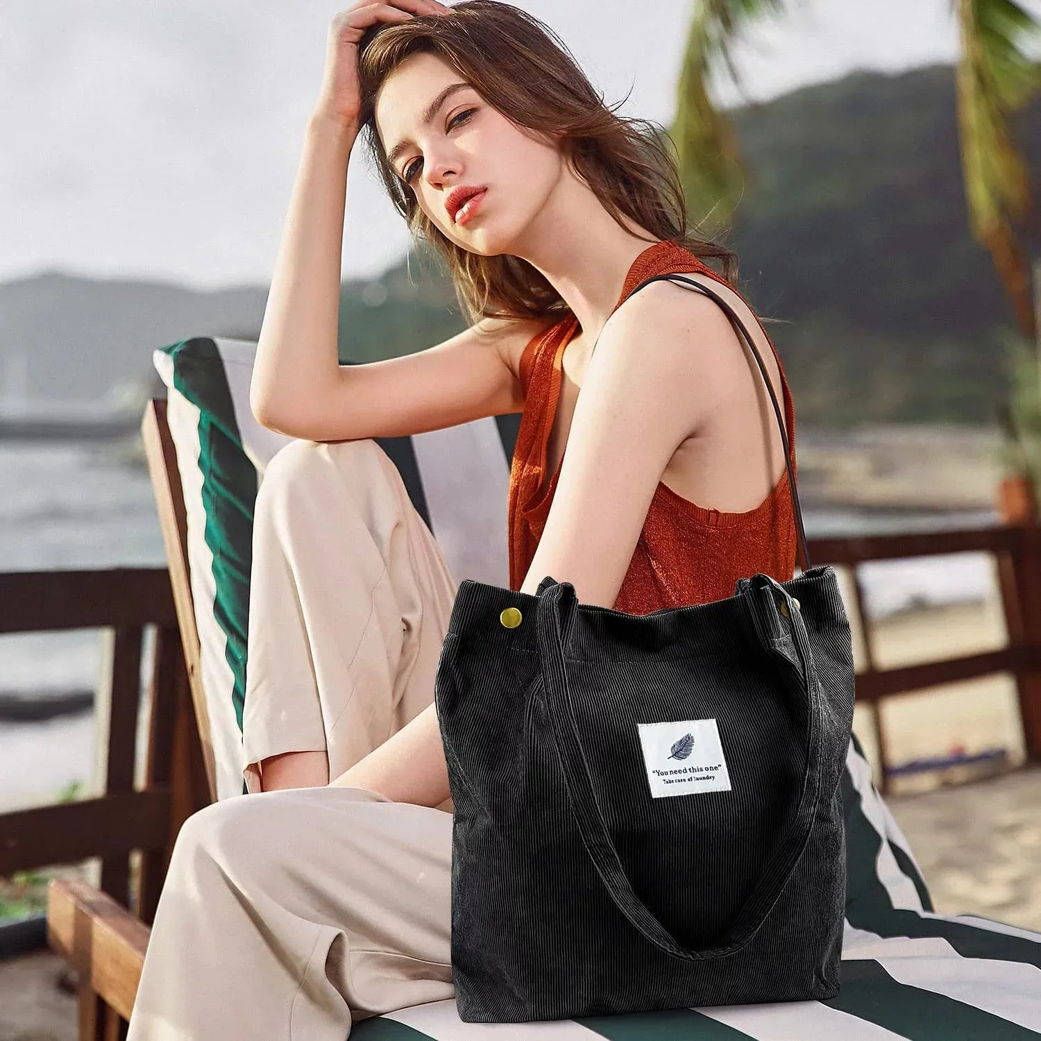 Corduroy Tote Bag Large for Women Girl Lady Canvas Shoulder Cord Purse and Handbags with Inner Pocket (Green)