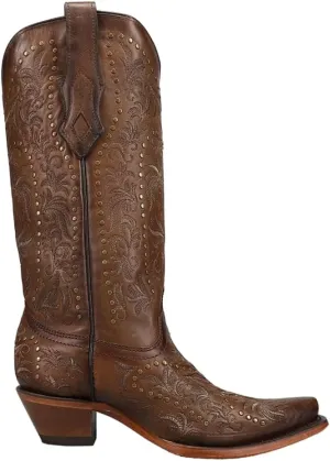 Corral Boots Womens Maple Embroidered Studded Snip Toe Casual Boots Mid Calf Low Heel 1-2" - Brown