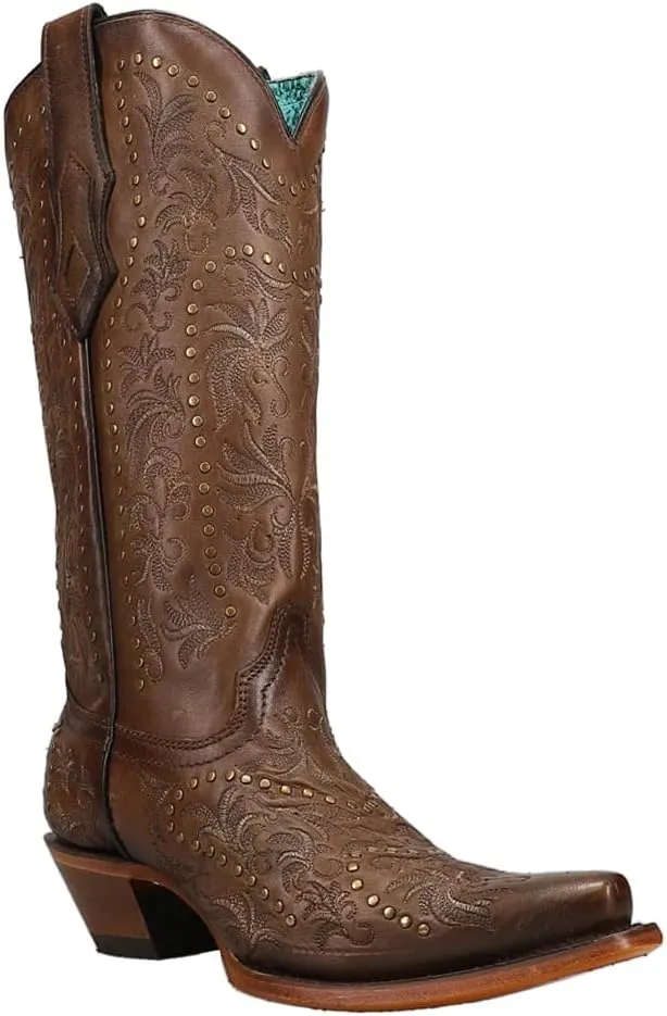 Corral Boots Womens Maple Embroidered Studded Snip Toe Casual Boots Mid Calf Low Heel 1-2" - Brown