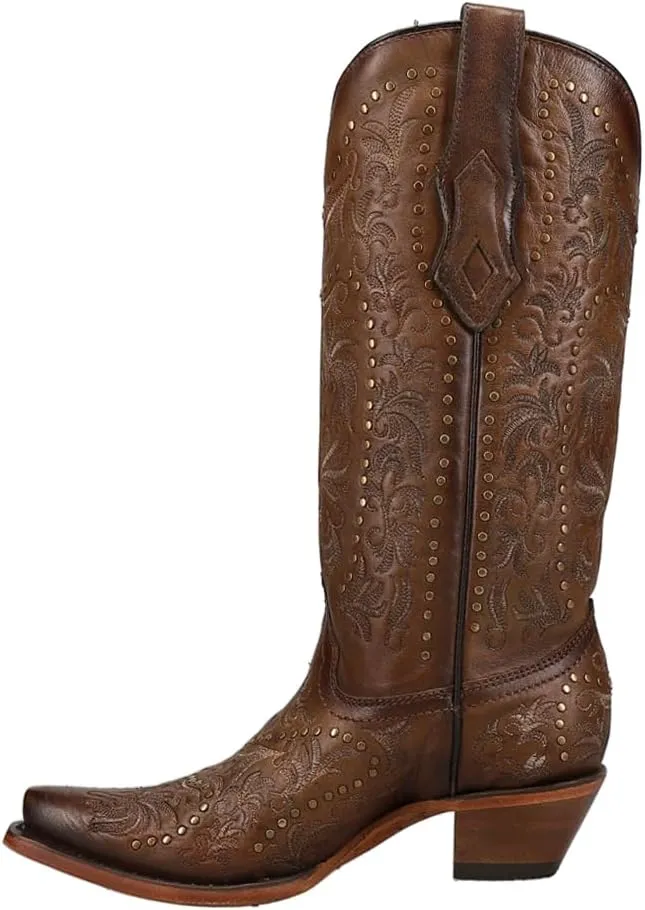 Corral Boots Womens Maple Embroidered Studded Snip Toe Casual Boots Mid Calf Low Heel 1-2" - Brown