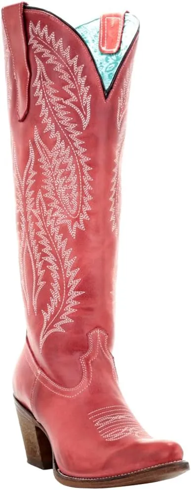 Corral Boots Womens Rioja Red Embroidered Snip Toe Casual Boots Knee High Mid Heel 2-3" - Red