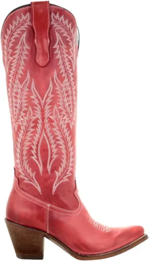 Corral Boots Womens Rioja Red Embroidered Snip Toe Casual Boots Knee High Mid Heel 2-3" - Red