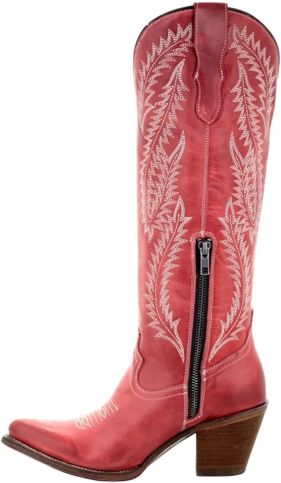 Corral Boots Womens Rioja Red Embroidered Snip Toe Casual Boots Knee High Mid Heel 2-3" - Red