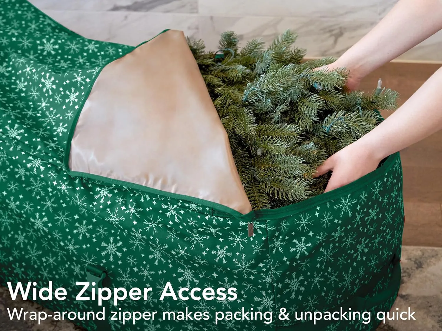 Covermates Keepsakes Christmas Tree Cinch Bag - Superior Protection, Cinch Straps, Fits Up to 9 to 11-Foot Tree - Holiday Storage, Green Snowflake
