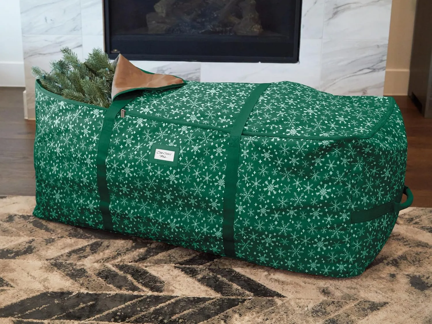 Covermates Keepsakes Christmas Tree Cinch Bag - Superior Protection, Cinch Straps, Fits Up to 9 to 11-Foot Tree - Holiday Storage, Green Snowflake