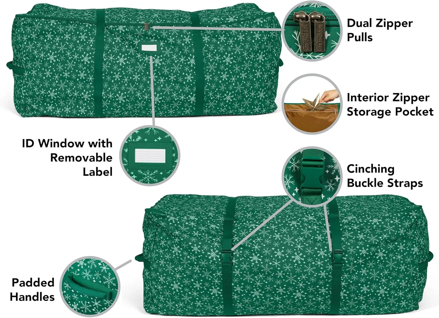 Covermates Keepsakes Christmas Tree Cinch Bag - Superior Protection, Cinch Straps, Fits Up to 9 to 11-Foot Tree - Holiday Storage, Green Snowflake
