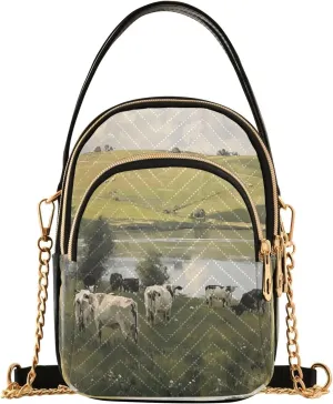 Cow Lakeside Meadow Multi Pockets Crossbody Bags for Women Zip Cell Phone Purse Wallet Bag with Detachable Shoulder Strap Handbag Purse for Women Girls Trendy Gift Traveling Working Shopping