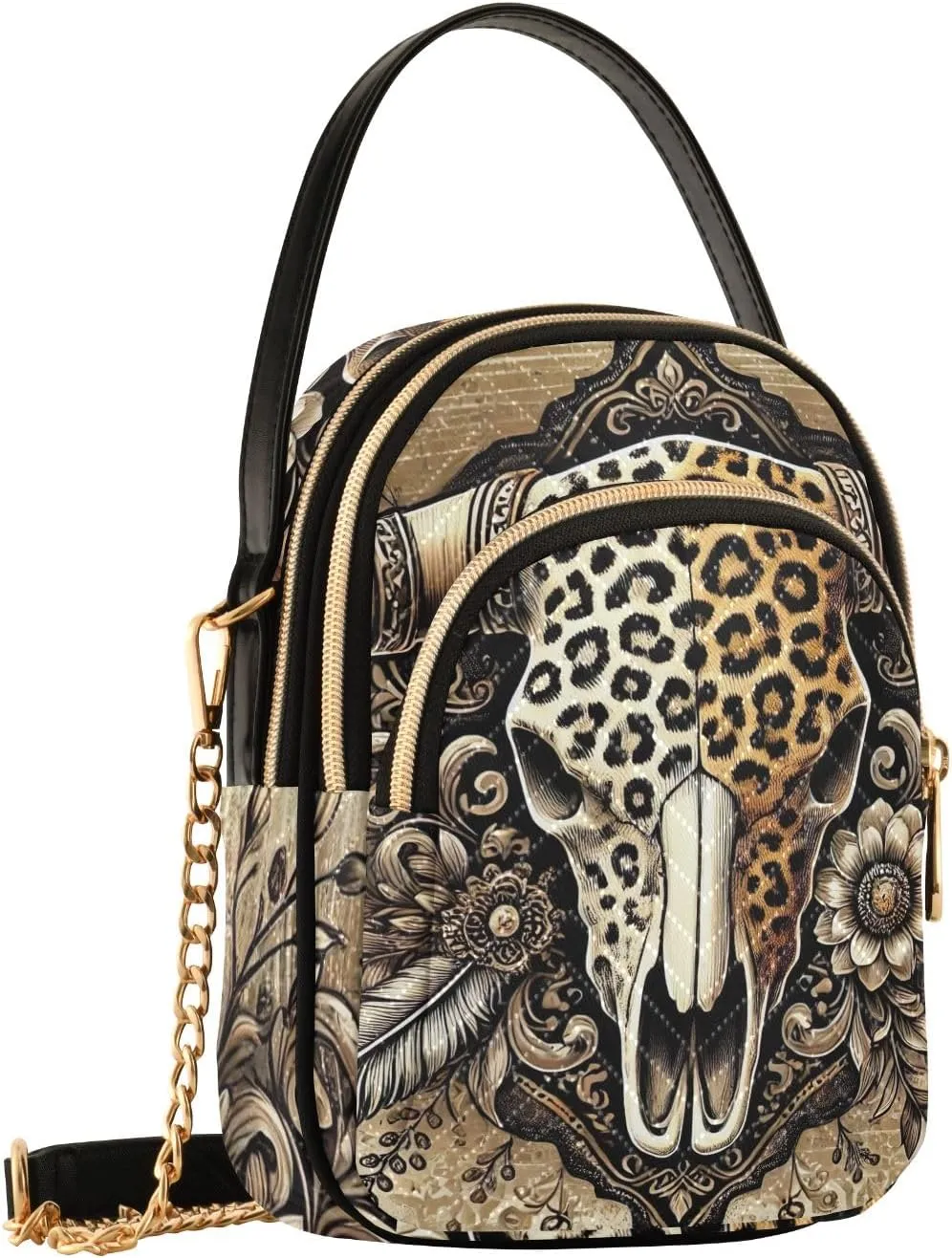 Cow Skull with Leopard Print Quilted Shoulder Handbag Chain Purse