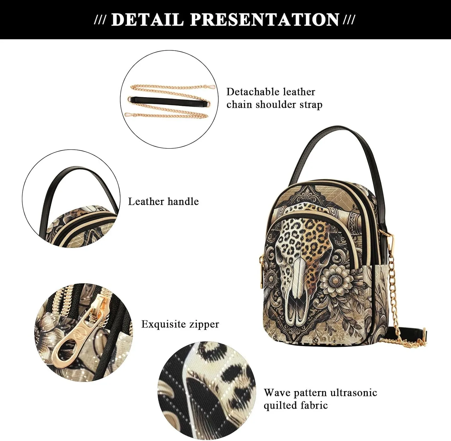 Cow Skull with Leopard Print Quilted Shoulder Handbag Chain Purse