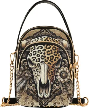 Cow Skull with Leopard Print Quilted Shoulder Handbag Chain Purse