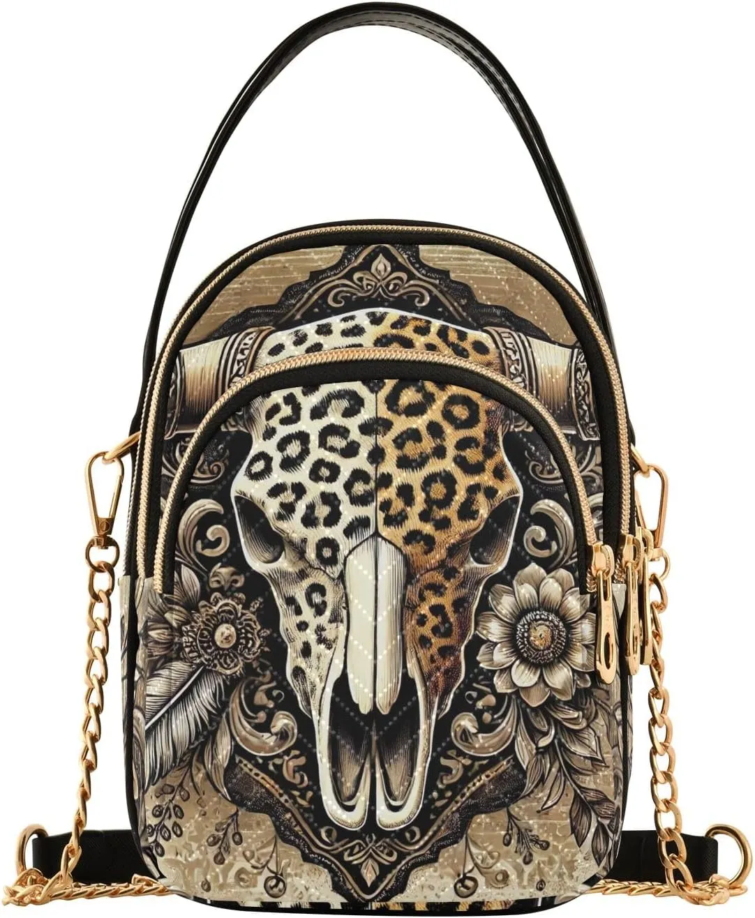 Cow Skull with Leopard Print Quilted Shoulder Handbag Chain Purse