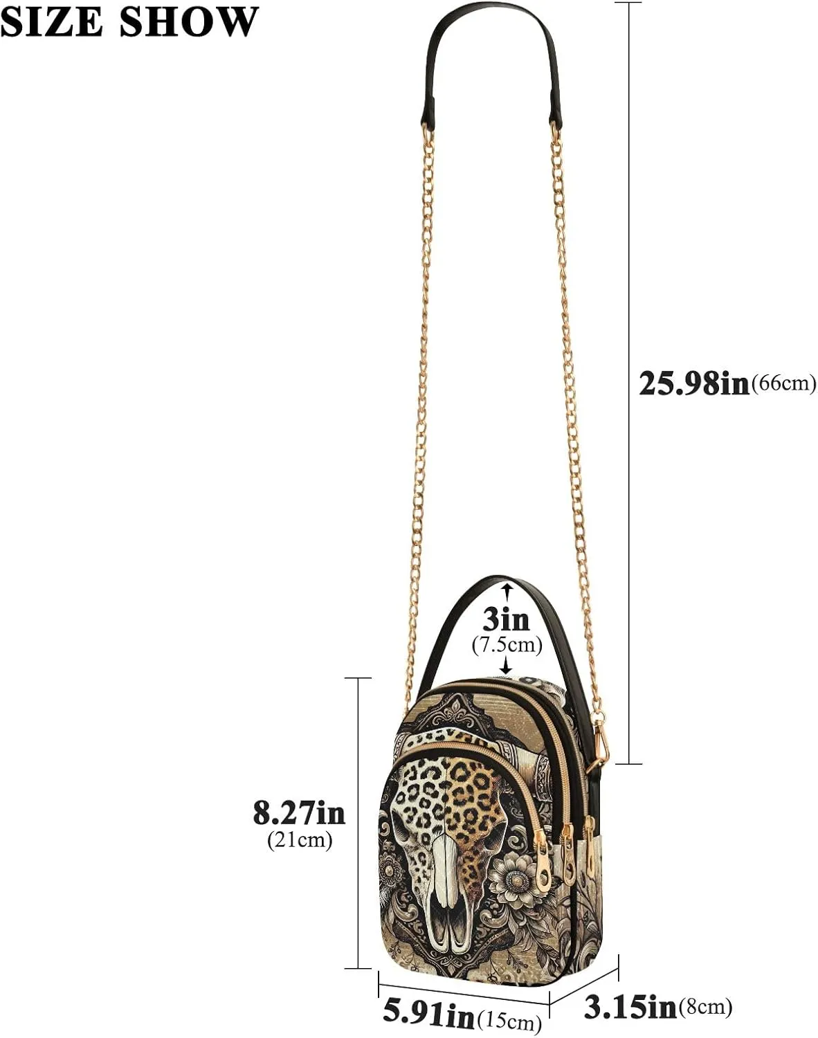 Cow Skull with Leopard Print Quilted Shoulder Handbag Chain Purse