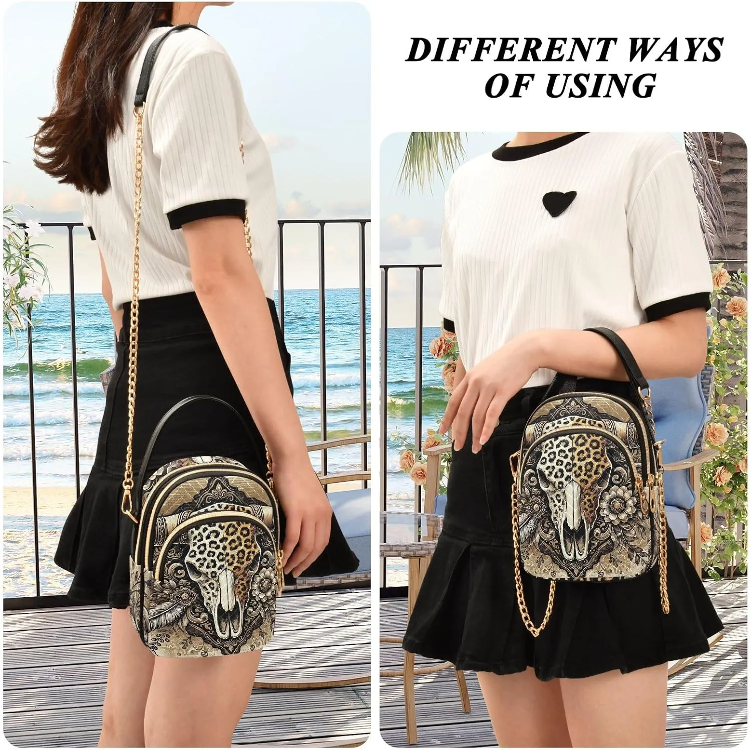 Cow Skull with Leopard Print Quilted Shoulder Handbag Chain Purse