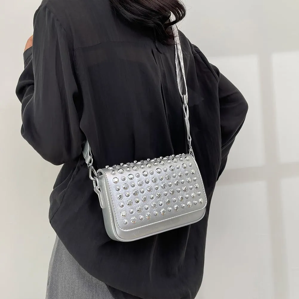 Crossbody Bag for Women With Adjustable Guitar Strap Handbag PU Leather Rivet Studded Satchel Purse Clutch Purse f