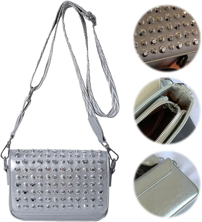 Crossbody Bag for Women With Adjustable Guitar Strap Handbag PU Leather Rivet Studded Satchel Purse Clutch Purse f