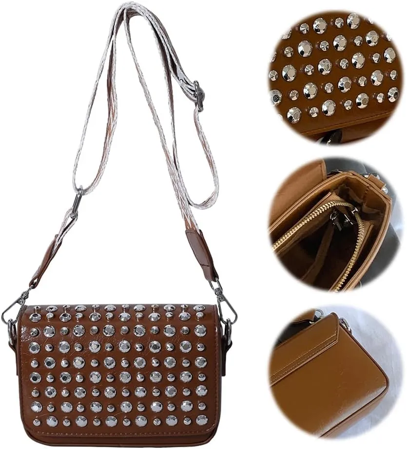 Crossbody Bag for Women With Adjustable Guitar Strap Handbag PU Leather Rivet Studded Satchel Purse Clutch Purse f