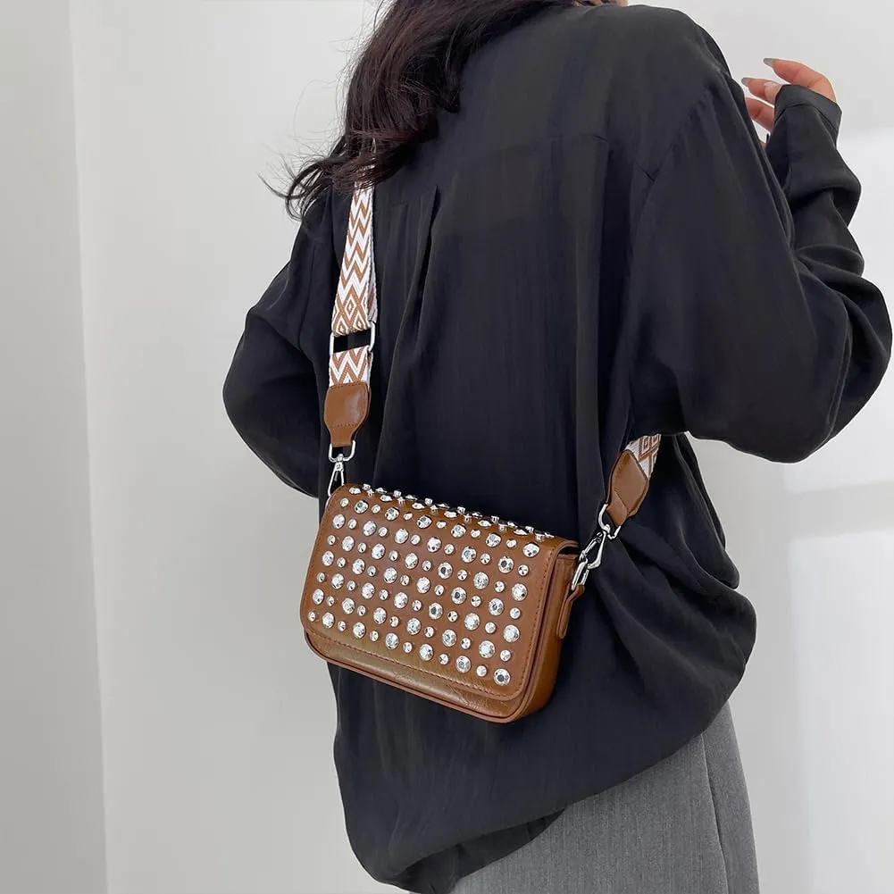 Crossbody Bag for Women With Adjustable Guitar Strap Handbag PU Leather Rivet Studded Satchel Purse Clutch Purse f