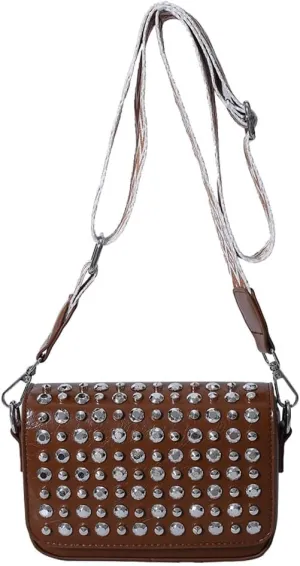Crossbody Bag for Women With Adjustable Guitar Strap Handbag PU Leather Rivet Studded Satchel Purse Clutch Purse f