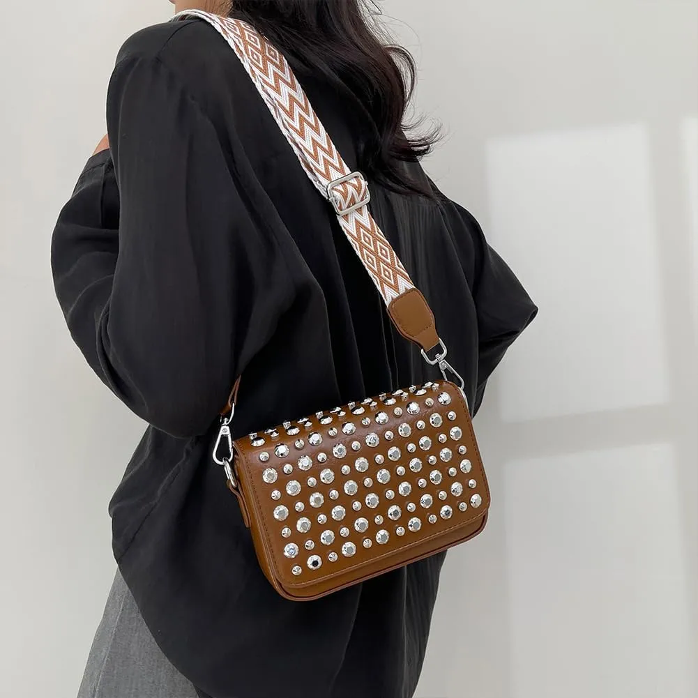 Crossbody Bag for Women With Adjustable Guitar Strap Handbag PU Leather Rivet Studded Satchel Purse Clutch Purse f