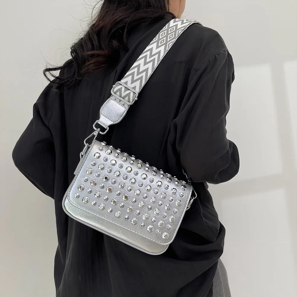 Crossbody Bag for Women With Adjustable Guitar Strap Handbag PU Leather Rivet Studded Satchel Purse Clutch Purse f