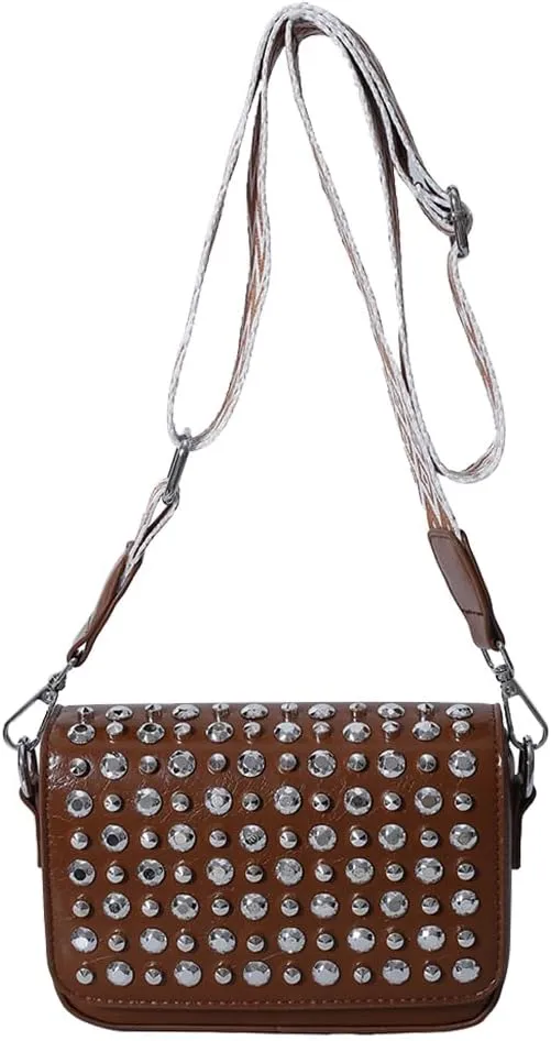 Crossbody Bag for Women With Adjustable Guitar Strap Handbag PU Leather Rivet Studded Satchel Purse Clutch Purse f
