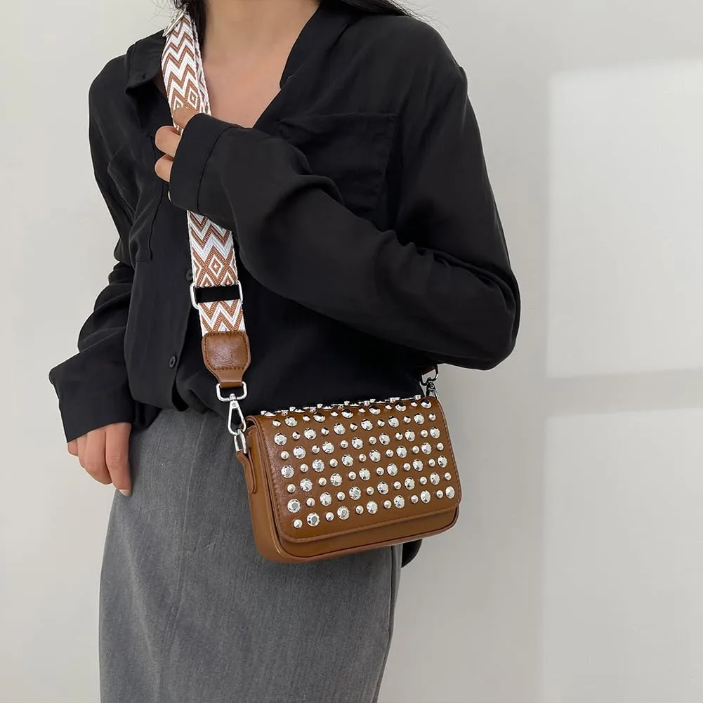 Crossbody Bag for Women With Adjustable Guitar Strap Handbag PU Leather Rivet Studded Satchel Purse Clutch Purse f