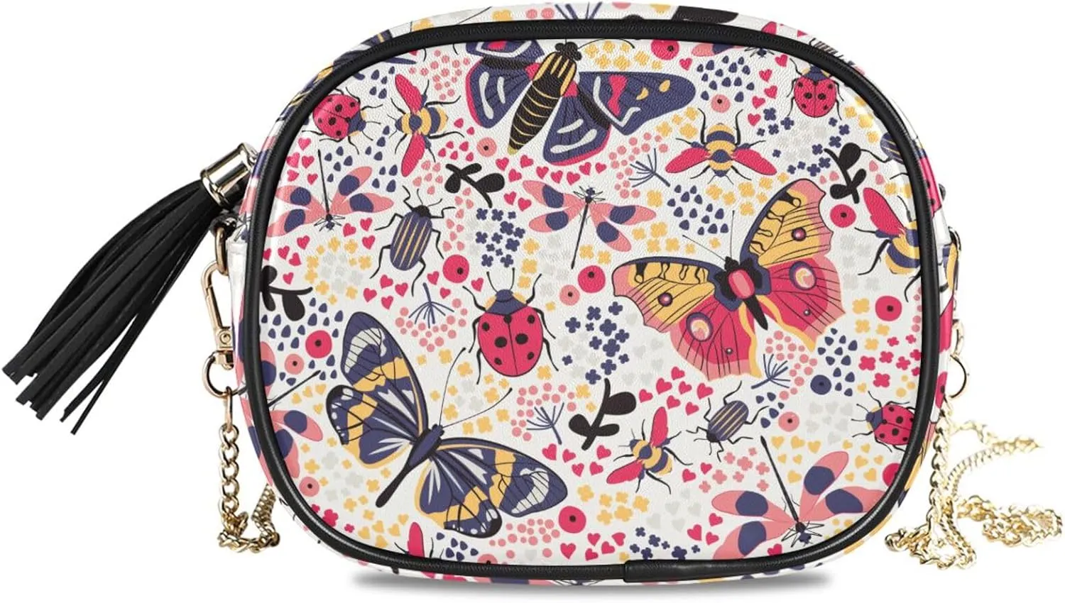 Crossbody Bag Purples Coral Butterfly Ladybug Flower Clutch Handbag Vegan Leather Shoulder Purse Date Chain Bag Travel Pouch Compact Chic Bag for Women Everyday Use