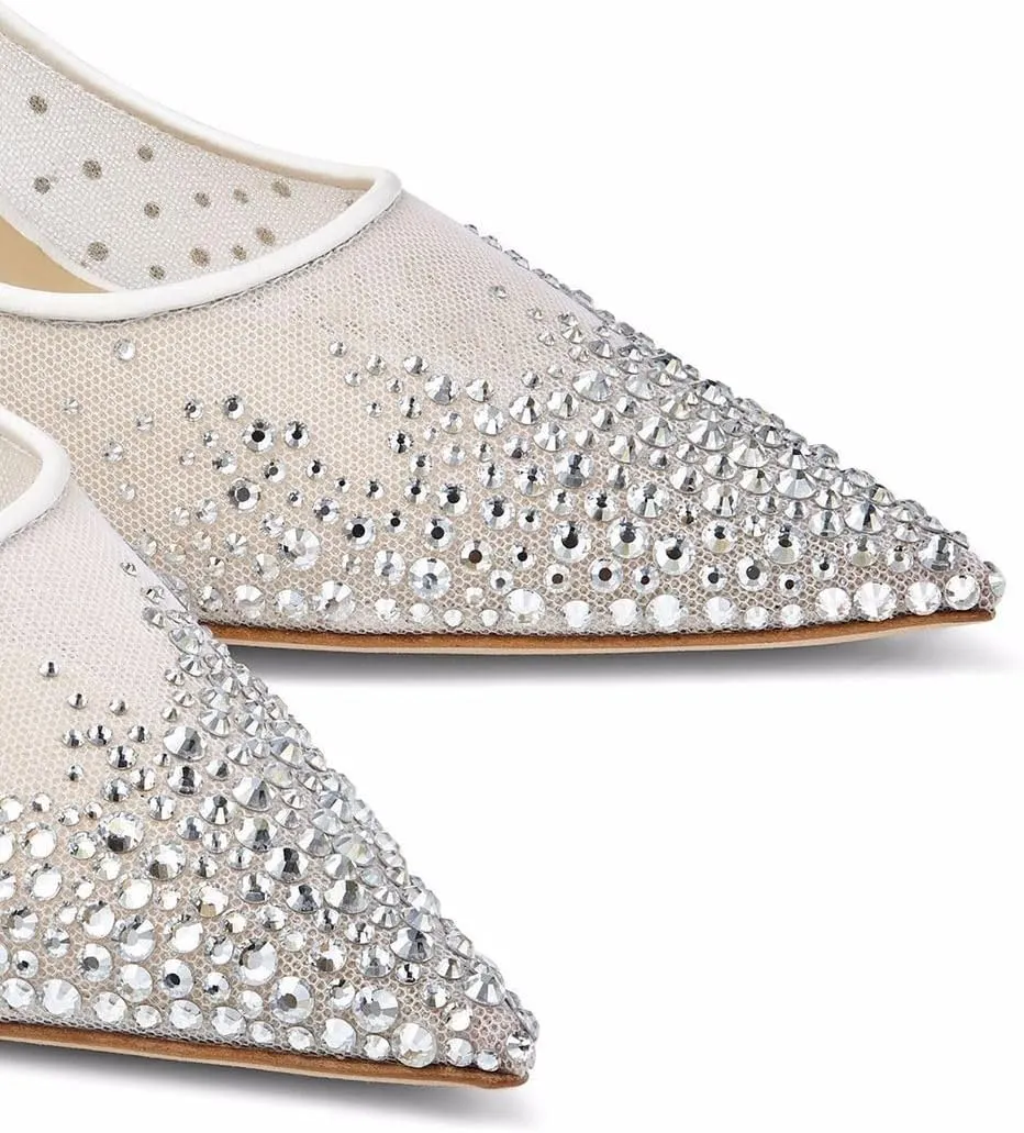 Crystal Embellished Pumps for Women Pointed Toe Mesh High Stiletto Heel