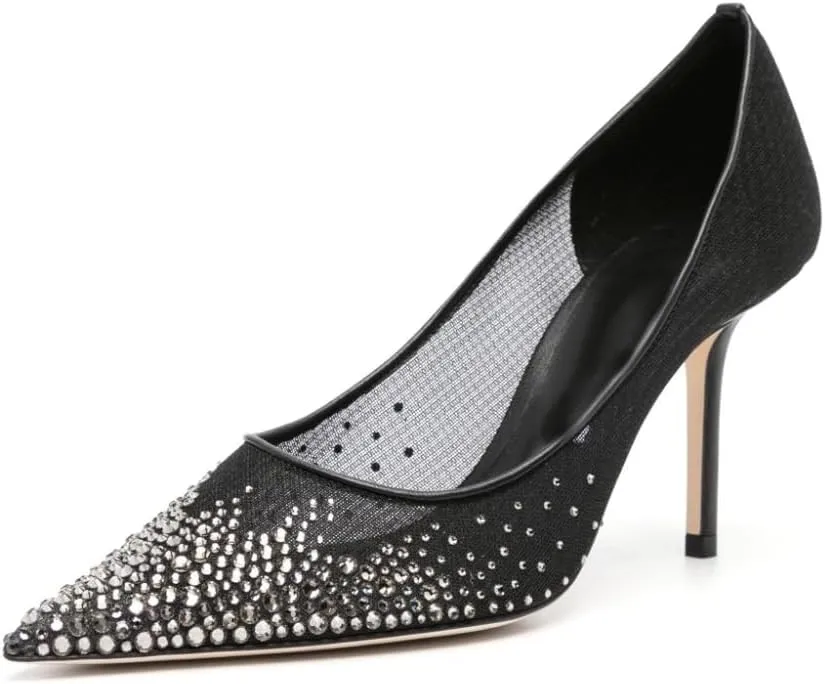 Crystal Embellished Pumps for Women Pointed Toe Mesh High Stiletto Heel