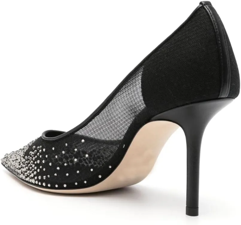 Crystal Embellished Pumps for Women Pointed Toe Mesh High Stiletto Heel