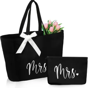 Cunno Bride Tote Bag with Makeup Bag, MRS Polyester Set for Women, Large Black, Wedding Gifts