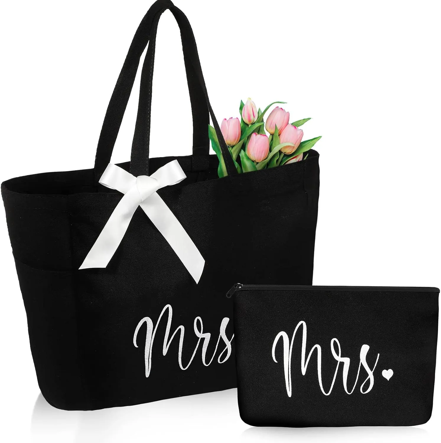 Cunno Bride Tote Bag with Makeup Bag, MRS Polyester Set for Women, Large Black, Wedding Gifts