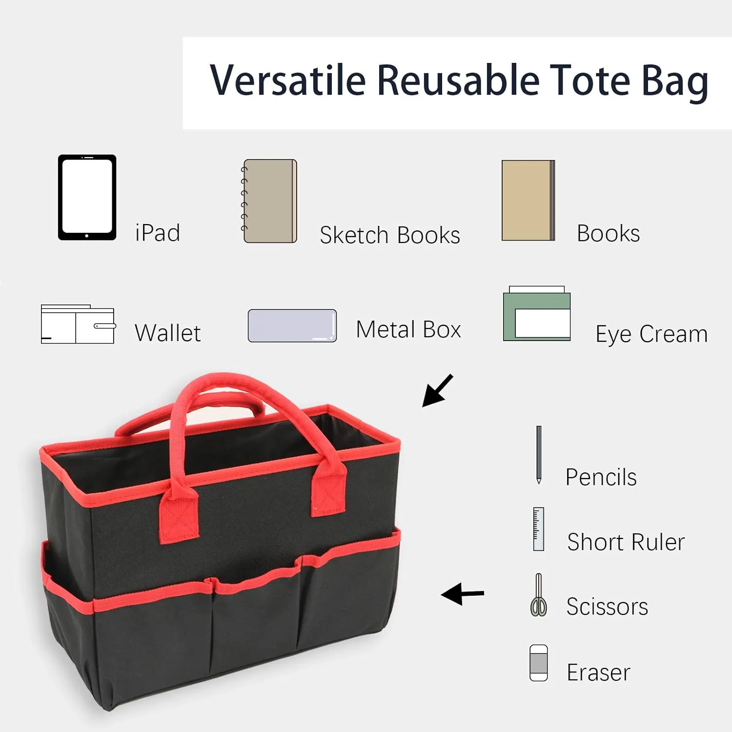 Cupohus Art Organizer Craft Storage Tote Bag with Pockets and Hadles, Oxford Fabric Carrying Caddy for Teacher, Officer, Artist, Students, Traveler, and More – Black with Red Edge