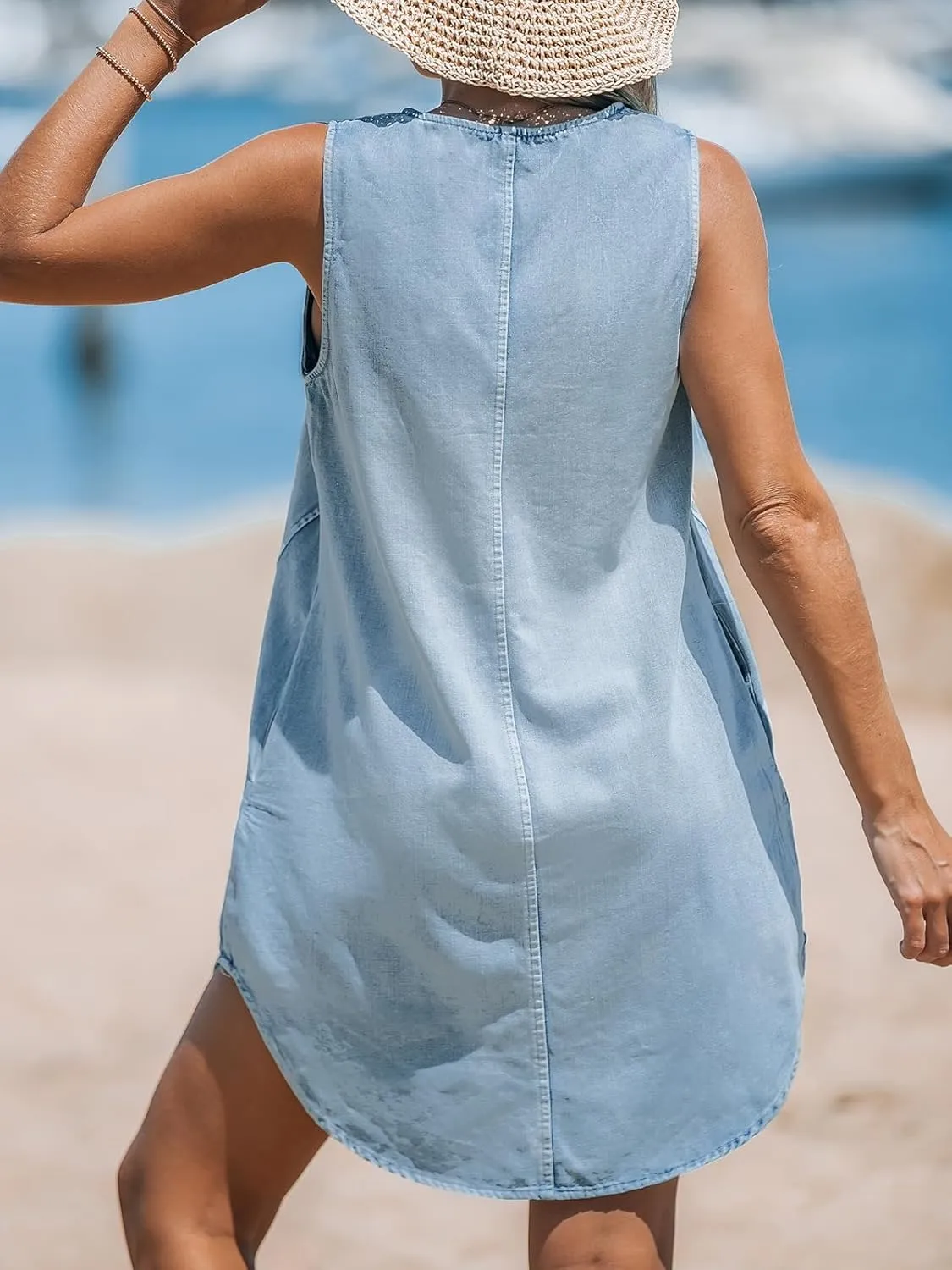CUPSHE Women's Denim Mini Dress Jean Dresses V Neck Sleeveless Casual Summer Outfits 2025 Trendy