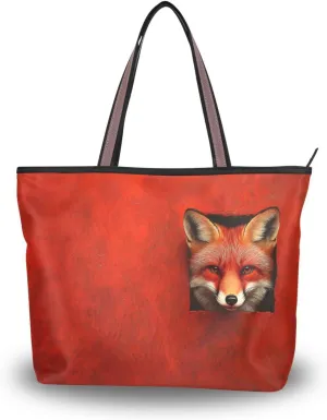 Curious Fox Women Tote Bag with Zipper, Patterned Handbag Purse Reusable Grocery Bag Large