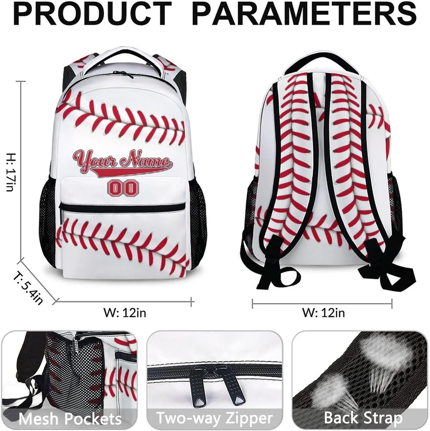 Custom Kids Backpack, Personalized Baseball Backpack for Girls Boys 3-10, Preschool Elementary Kindergarten School Bag, 17 Inch White Bookbags for School Travel Work Hicking