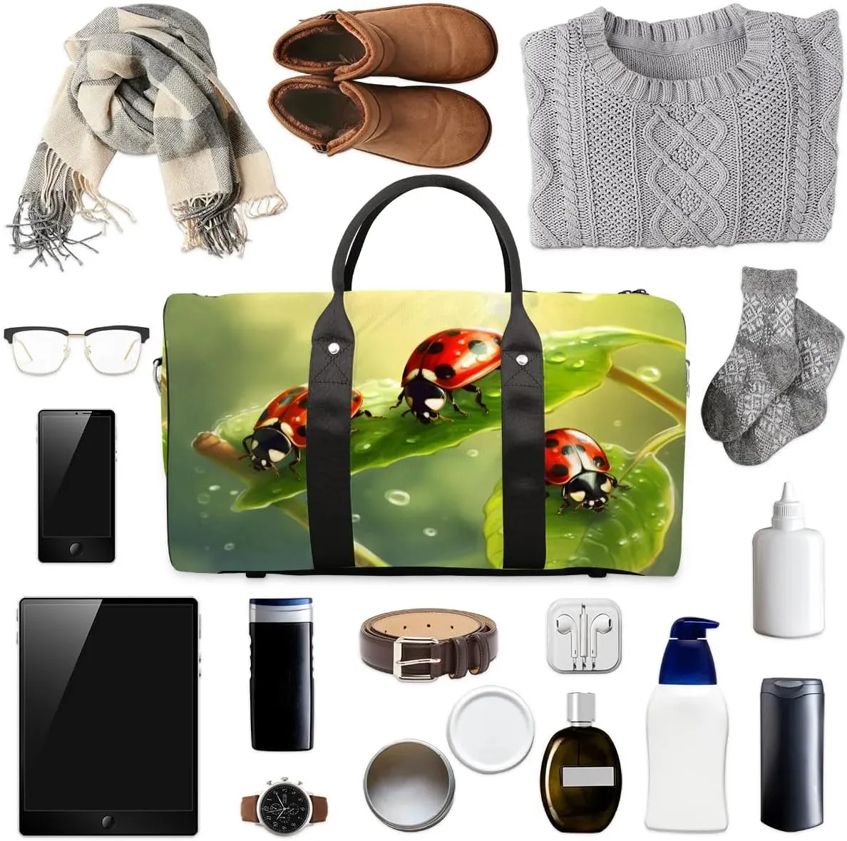Cute Animal Ladybugs Travel Duffel Bag for Women Men Waterproof Foldable Overnight Weekender Bag Large Capacity Sports Gym Bag