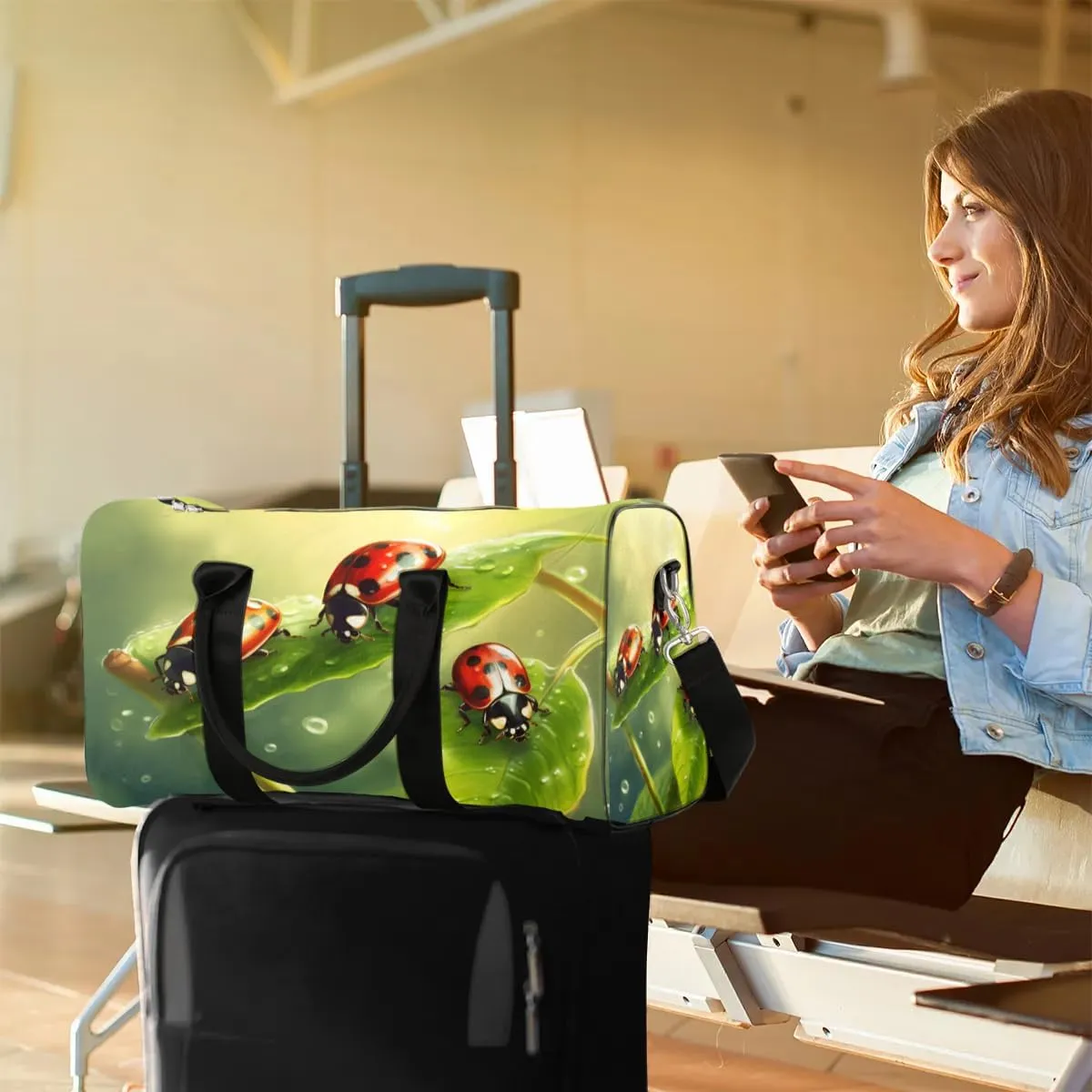 Cute Animal Ladybugs Travel Duffel Bag for Women Men Waterproof Foldable Overnight Weekender Bag Large Capacity Sports Gym Bag